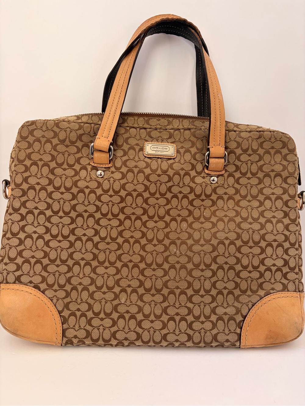 Coach Signature Canvas Satchel in Brown and Tan with Silver Plaque